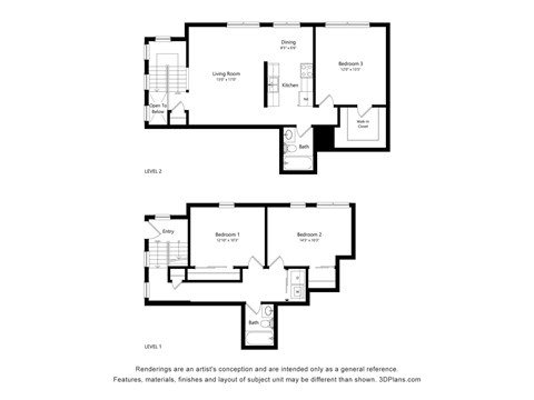 Floor plan for 3 beds, 2 baths, 1310 sqft